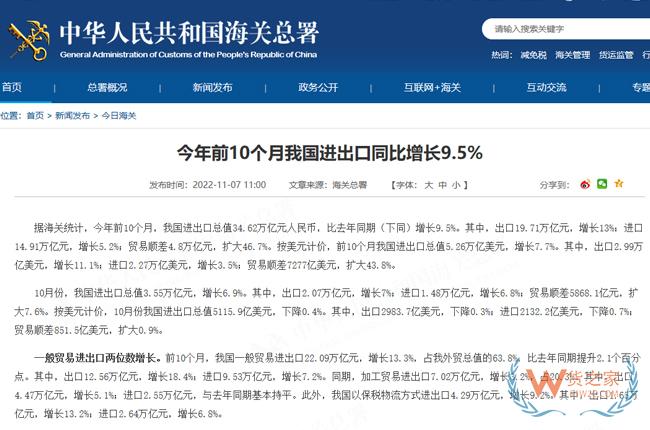 海關(guān)總署：今年前10個月我國進出口同比增長9.5%-貨之家